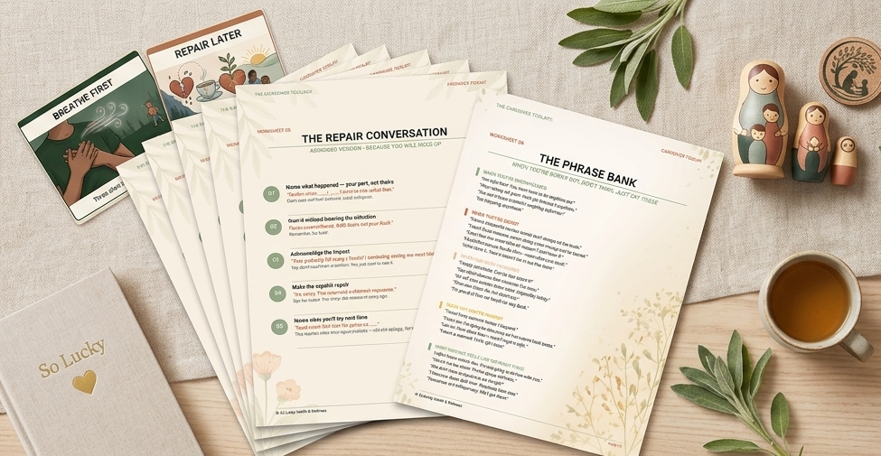 'The Repair Conversation' guide and 'Phrase Bank' cards for reconnecting after hard moments.