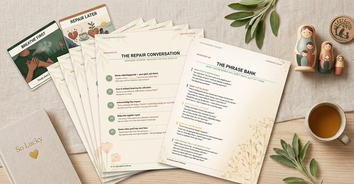 'The Repair Conversation' guide and 'Phrase Bank' cards for reconnecting after hard moments.