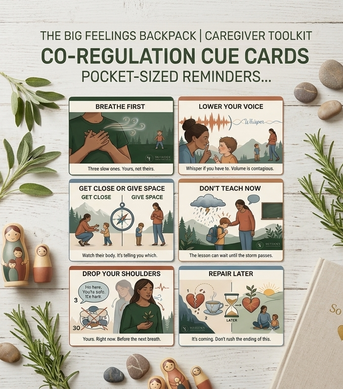 Six illustrated co-regulation cue cards to help calm a child during tantrums and outbursts.