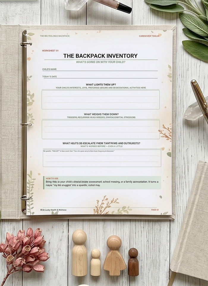 The Backpack Inventory worksheet on a desk with a binder and a plant.