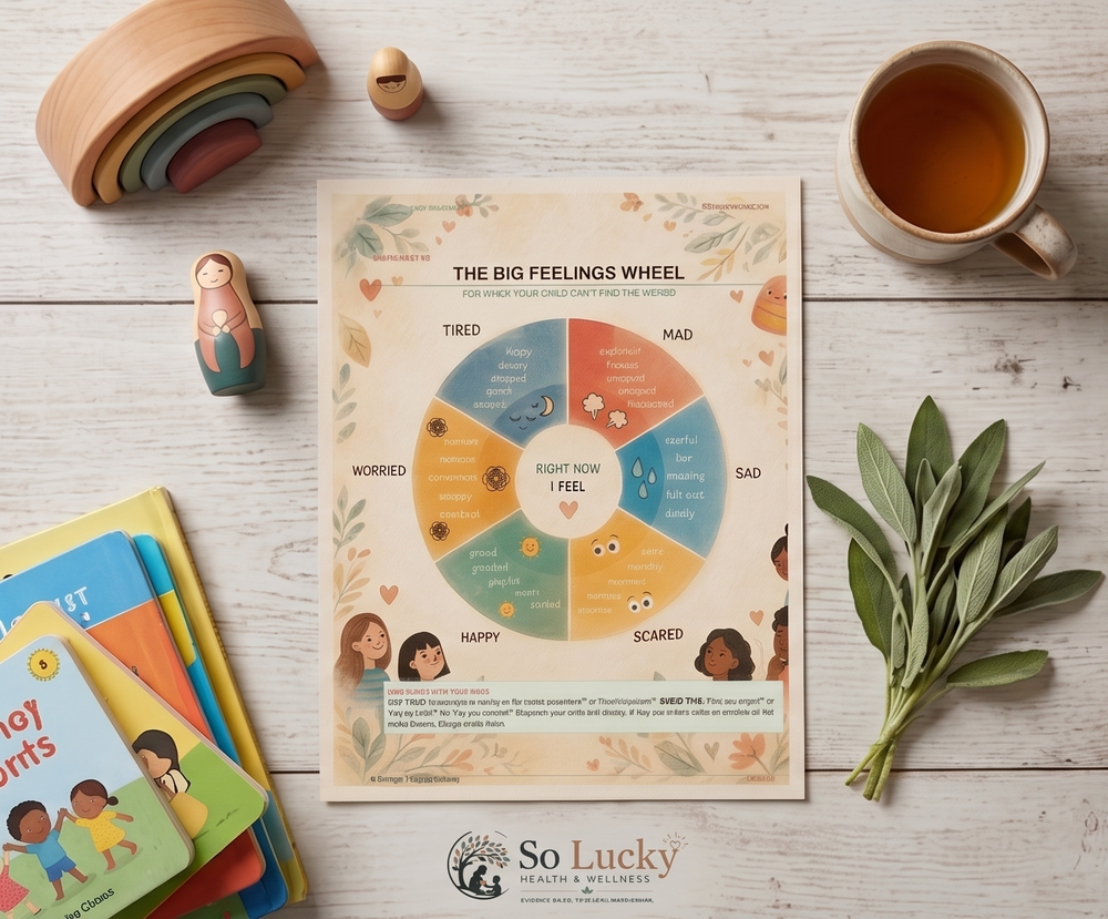 The Big Feelings Wheel emotion chart for kids, surrounded by children's books and a cup of tea.