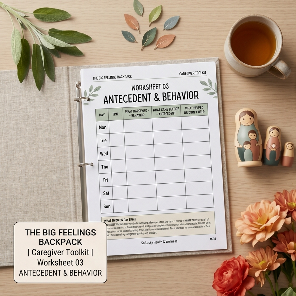 The Antecedent & Behavior Pattern Finder worksheet on a desk with a mug of tea.