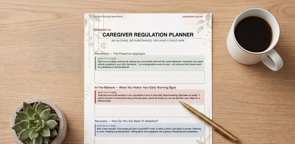 The Caregiver Regulation Planner worksheet with a coffee cup and a succulent.