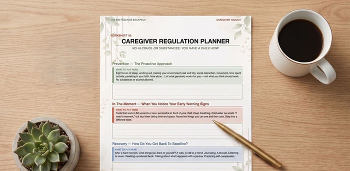 The Caregiver Regulation Planner worksheet with a coffee cup and a succulent.