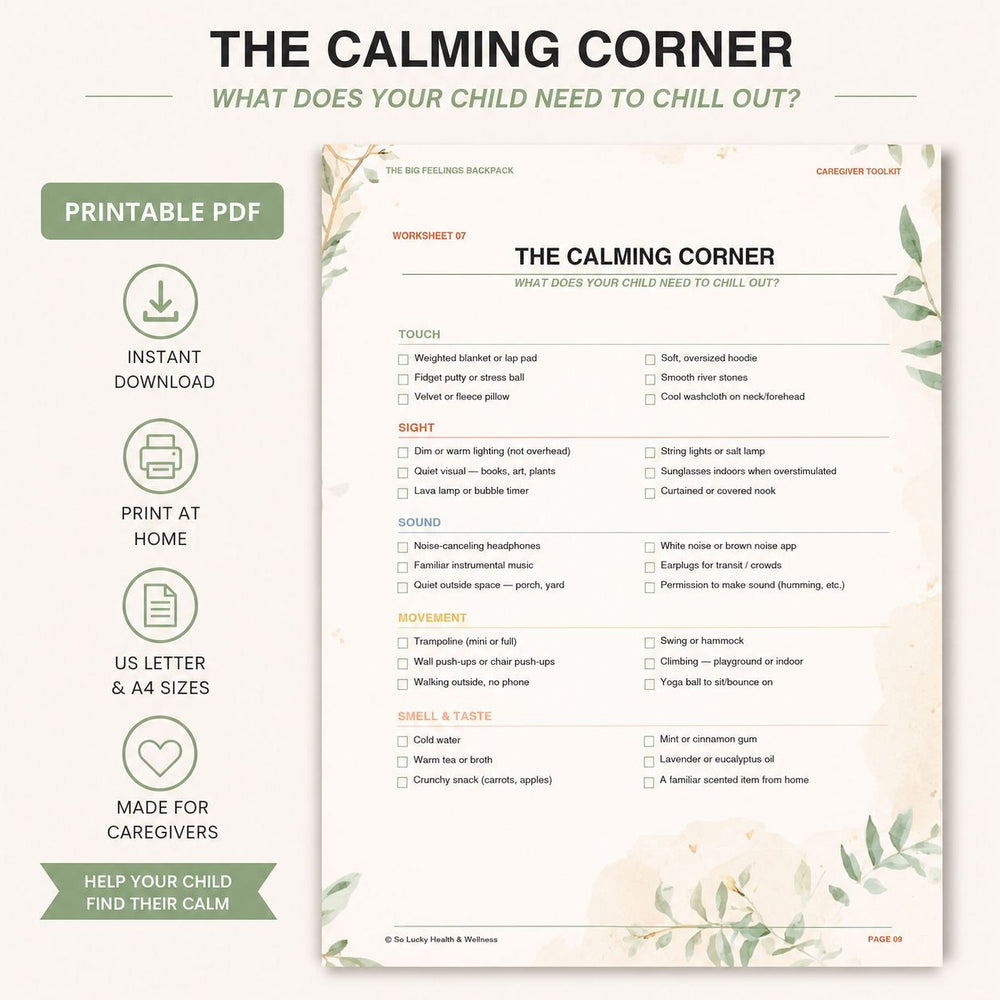 The Calming Corner checklist of sensory items to help a child feel calm.