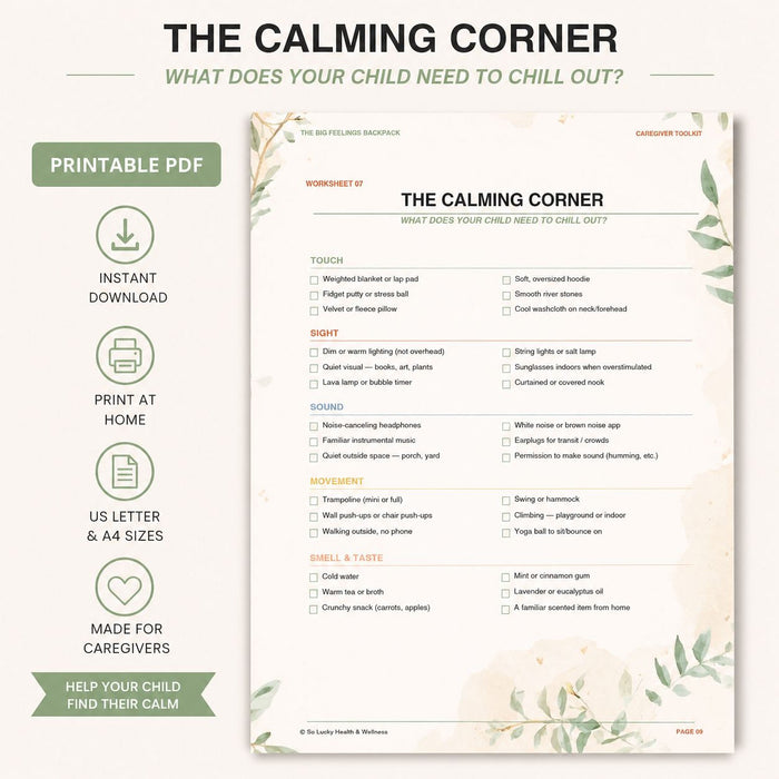 The Calming Corner checklist of sensory items to help a child feel calm.